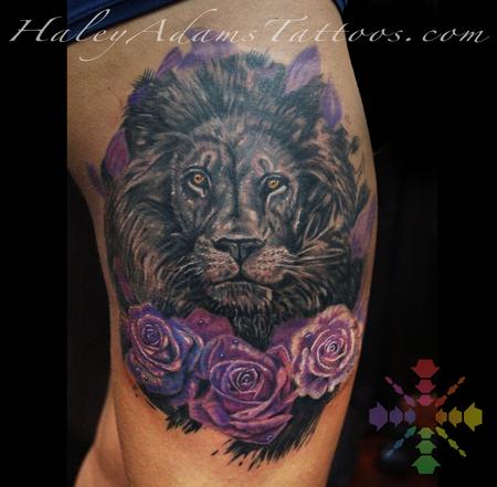 Haley Adams - lion with roses tattoo